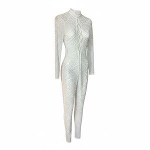 Banjul White Sheer Rhinestone Long Sleeve Mesh Jumpsuit Lace up front. Bodycon